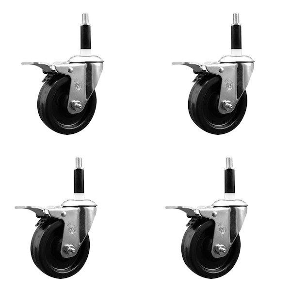 4'' Phenolic Swivel 7/8'' Expanding Stem Caster Set Total Lock Brake, 4PK